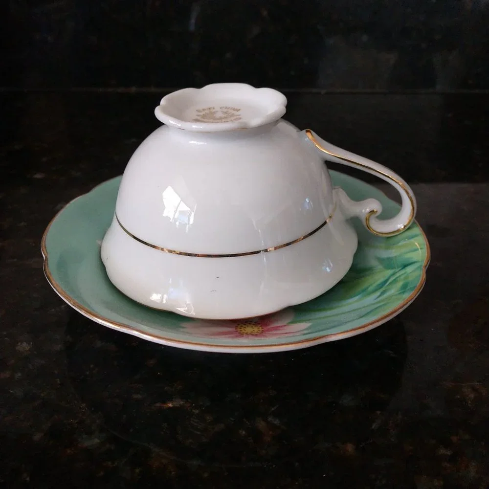 FANCY FOOTED SAJI CHINA HAND PAINTED PINK DAISIES FLORA CUP SAUCER SET JAPAN